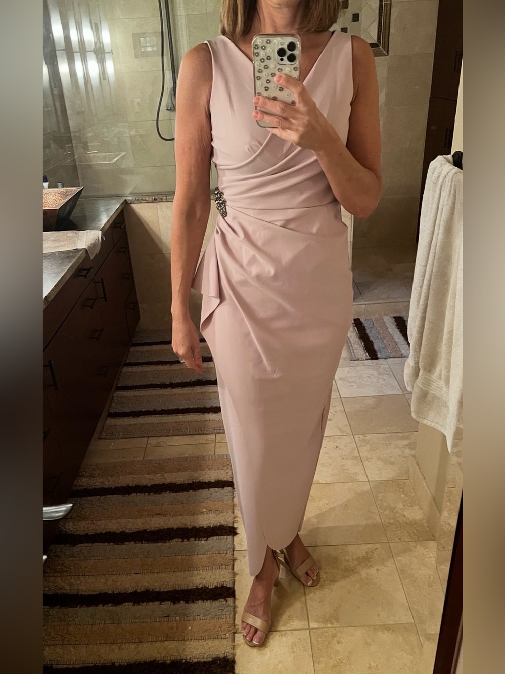Alex Evenings Blush Pink Sleeveless Wrap Maxi Dress 6 with Side Brooch MOB $289